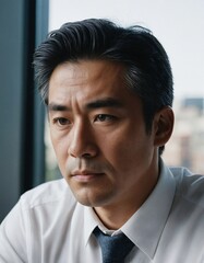 Obraz premium Concentrating Japanese businessman reviewing documents in office - side view of thoughtful executive deeply engrossed in paperwork and analysis