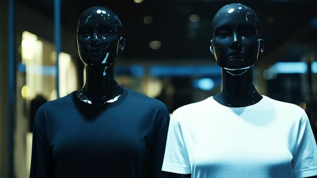 Two mannequins dressed in contrasting black and white t shirts stand in a contemporary retail environment