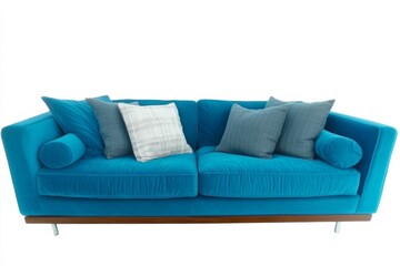 Blue couch with pillows on it. The pillows are white and gray