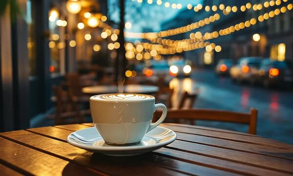 Cozy Evening at a Parisian Cafe: A Warm Cup of Latte under String Lights