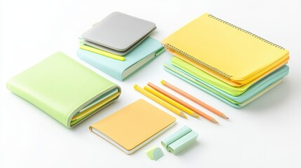 A set of stationery items such as notebooks, a pencil case, and sticky notes on a white isolated background