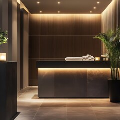 Reception desk in a spa with towels and plants
