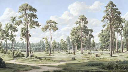 Obraz premium Sunny forest path landscape, trees, meadow, background sky, ideal for nature posters