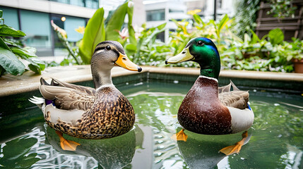 Mallard ducks in city garden pond, lush greenery background; perfect for nature, wildlife, or city life stock photos