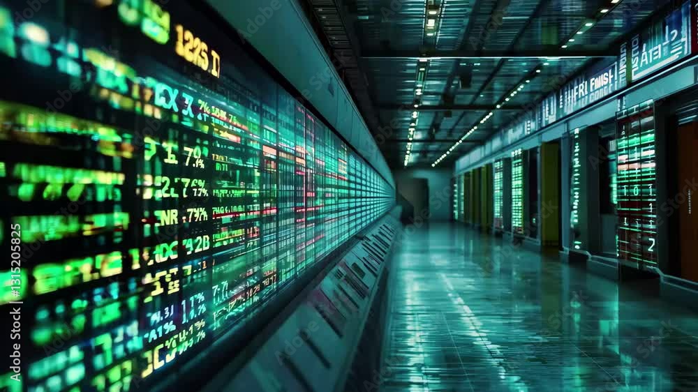 Poster stock market data processing environment with digital displays and illuminated data streams, stock m