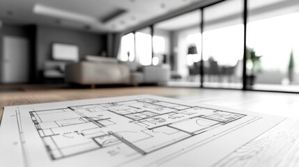 House plan blueprint on table, modern living room background.