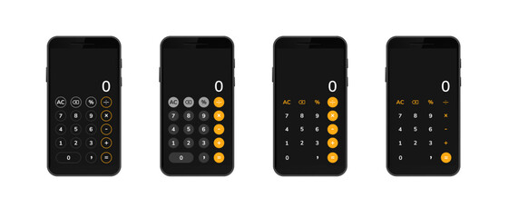 Smartphones showcasing varied calculator layouts featuring numerical and function buttons on screens.