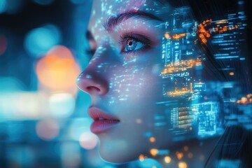 A woman's face merges with a futuristic digital cityscape, symbolizing technological integration and the future.