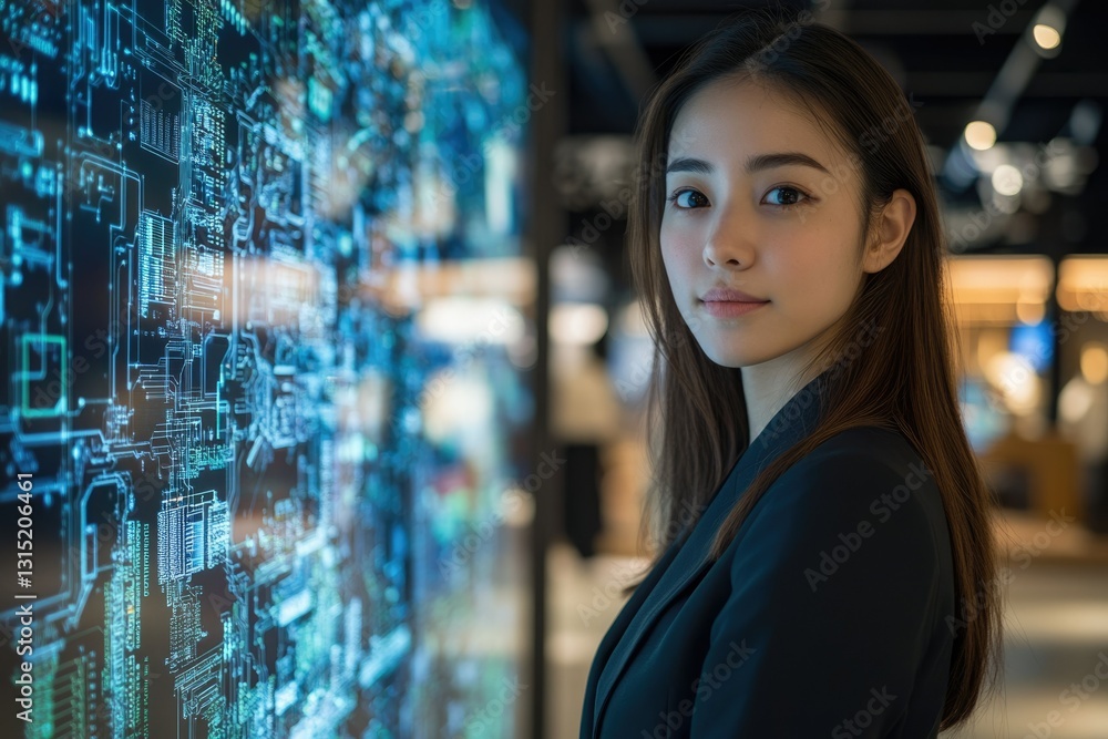 Poster a young woman stands near a large screen displaying complex digital circuitry, representing technolo
