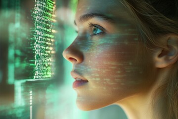 Young woman's face is illuminated by green digital code, symbolizing technology's impact on humanity.