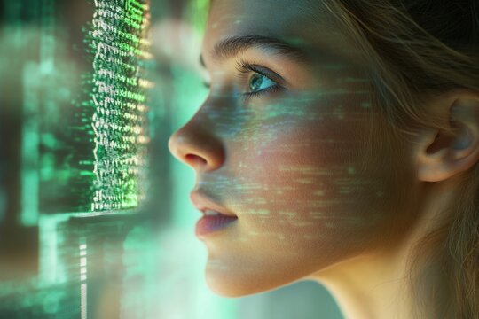 Young woman's face is illuminated by green digital code, symbolizing technology's impact on humanity. - Powered by Adobe