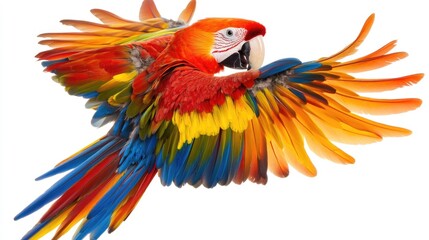 Fototapeta premium Vibrant Parrot Soaring Mid-Flight with Colorful Feathers on White Background
