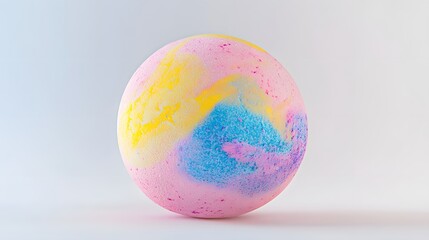 Realistic close-up of a luxury bath bomb with vibrant colors and detailed textures, background