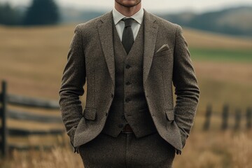 Man in a brown tweed three-piece suit standing in a field.