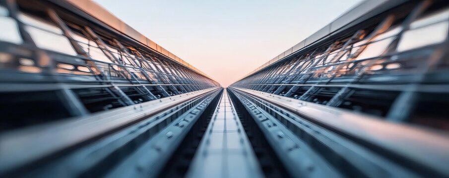 Elevated railway tracks converge towards the distant evening sky