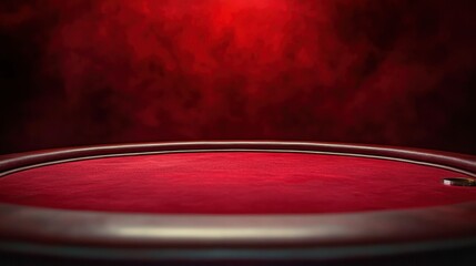 Poker and casino gambling table close-up side view with red felt cloth. Copy space.
