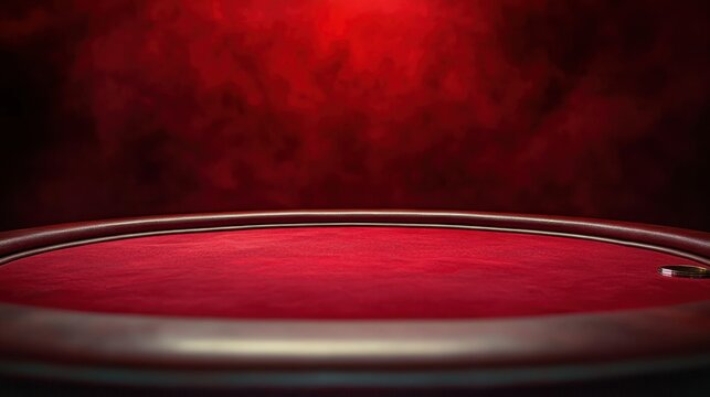 Poker and casino gambling table close-up side view with red felt cloth. Copy space.