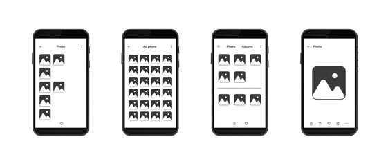 Four smartphone screens showcasing unique photo gallery layouts on a mobile interface.