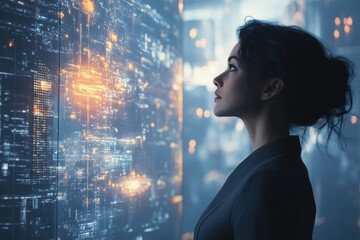 A woman gazes at a futuristic cityscape displayed on a large screen, contemplating technological advancements and the future.