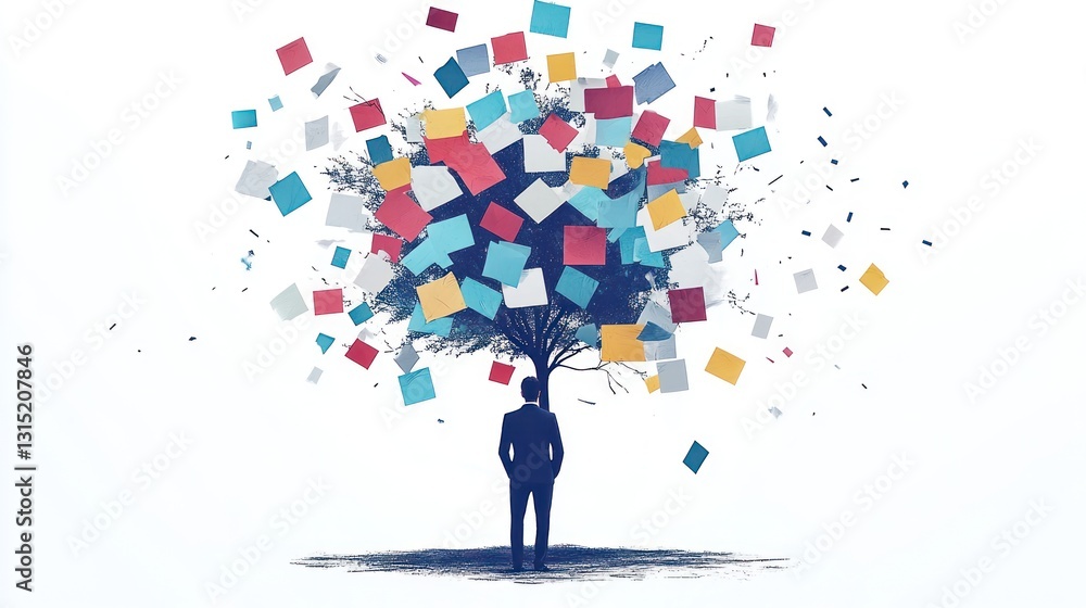 Aufkleber man contemplates colorful sticky notes forming a tree.