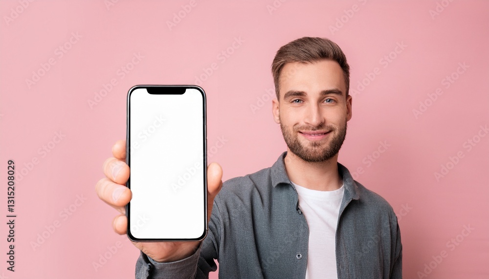 Poster a smiling man holding up a modern mobile phone with a blank screen, perfect for showcasing an app or
