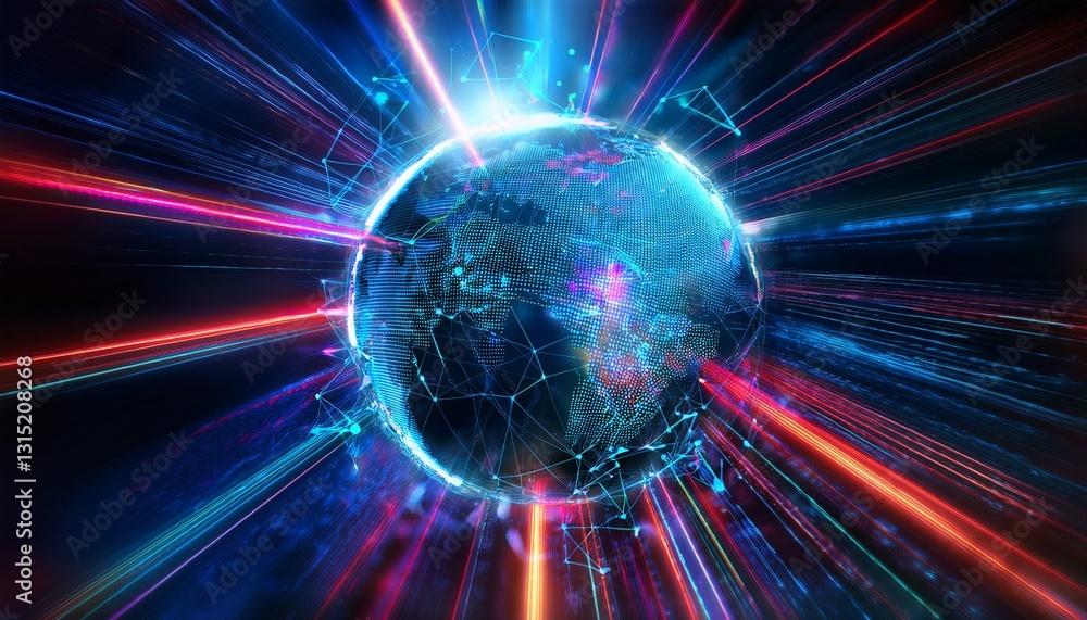 Poster a digital representation of planet earth surrounded by dynamic lines and connections, symbolizing gl
