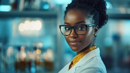 African female chemist in a laboratory, commemorating International Day of Women and Girls in Science.