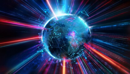 Obraz premium a digital representation of planet earth surrounded by dynamic lines and connections, symbolizing global communication and technological advancements.