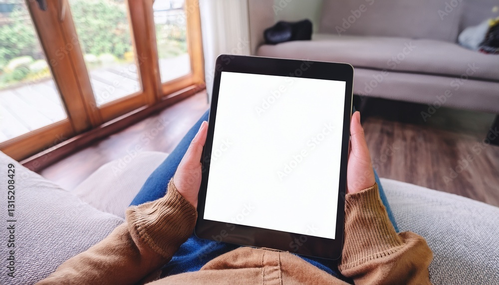 Poster a person relaxing on a sofa while holding a tablet with a blank screen