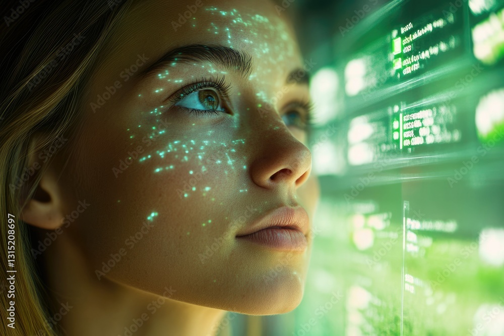 Poster a woman's face is illuminated with glowing data streams, representing technological integration.
