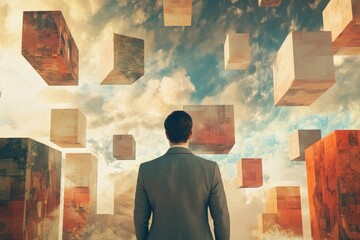 A man in a suit contemplates a surreal landscape of floating, textured cubes under a cloudy sky, symbolizing choices and possibilities.