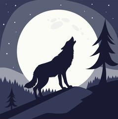 Lone Wolf Howling Under the Moonlight High Resolution Vector Art