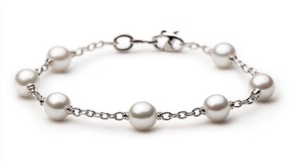 A close-up of a delicate pearl bracelet on a white isolated background