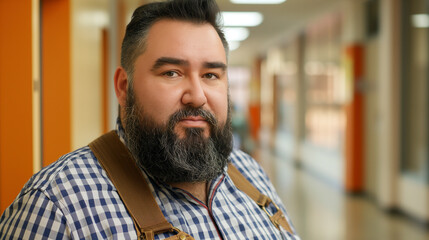 Obraz premium Bearded man in checkered shirt and suspenders in hallway