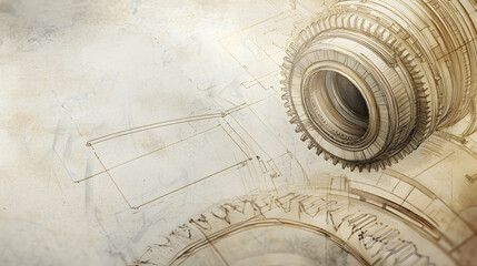 Futuristic mechanism blueprint, intricate gears, engineering design, sepia tone, architectural background, for technology or industrial design