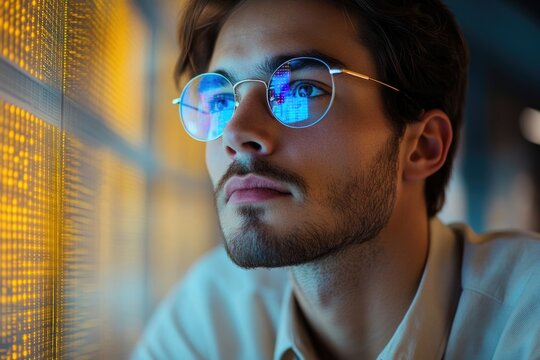 A young man wearing glasses intently studies a glowing data wall, reflecting technological expertise and focus.