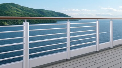 Close-up of white metal railing against a backdrop of green mountains and sparkling blue water under bright sunlight