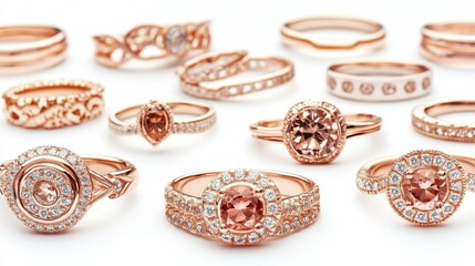 Naklejka premium A collection of rose gold rings with delicate designs on a white isolated background