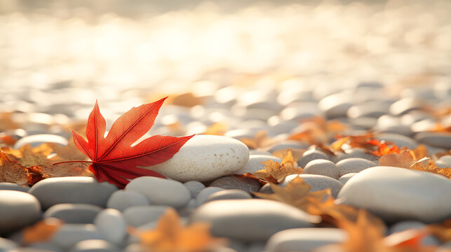 Serene Autumn Scene Red Maple Leaf on Smooth Beach Stones