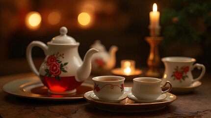 Fototapeta premium Tea ceremony in a Chinese place. Beautiful tea brewing kettle in Japanese style. Tea party by candlelight.
