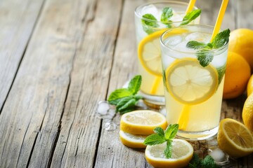 Fototapeta premium Refreshing lemonade with mint and lemon on a rustic wooden table for a summer day