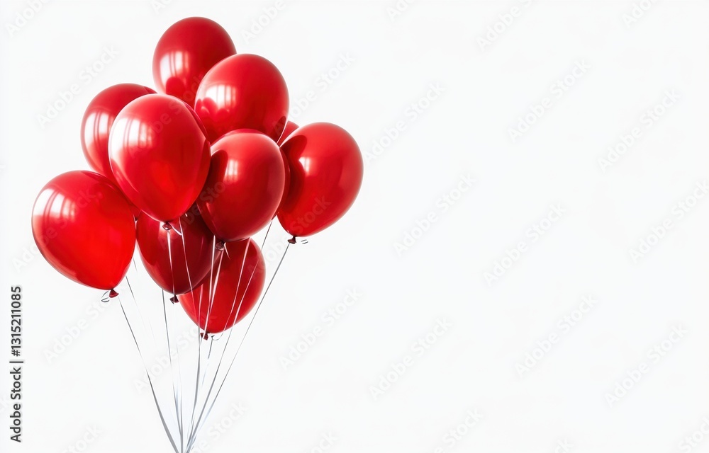Poster a bunch of red balloons floating against a white background, with a banner that has a space for text