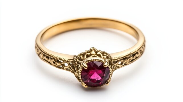 A close-up of a vintage gold ring with a ruby gemstone on a white isolated background