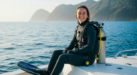 Young female diver in a wetsuit sitting on a yacht, preparing for a dive