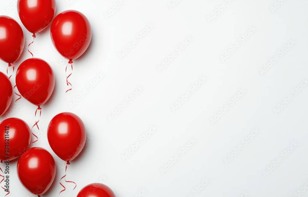 Poster red balloons floating against a white background, a flat lay banner template with copy space for tex