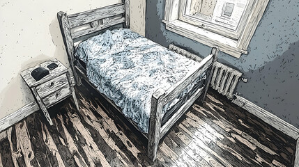 Rustic bedroom, single bed, wooden floor, city view, minimalist interior design, rental property
