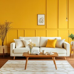 Modern cozy living room featuring a yellow wall with couch and decor