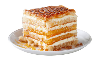 Honey cake slice with dripping honey on white plate with transparent background