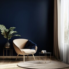 An elegant room features a chair with a dark blue blanket