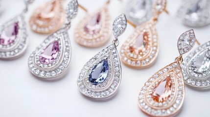 Naklejka premium A set of crystal-studded earrings with elegant drop designs on a white isolated background